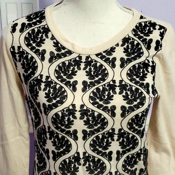 J Crew Factory Cream & Black Boho Floral Embroidered Fitted Knit Sweater - Picture 3 of 9